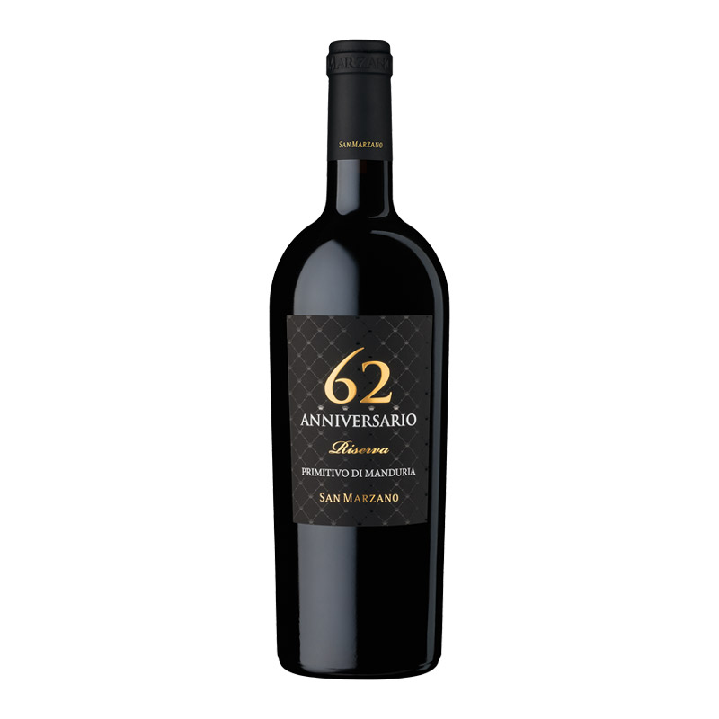 Bottle of Primitivo di Manduria Riserva "Anniversario 62" – San Marzano – rich and intense red wine from Puglia.