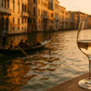 A Taste of Venice – glass of white wine overlooking a gondola on the Venetian canals at sunset
