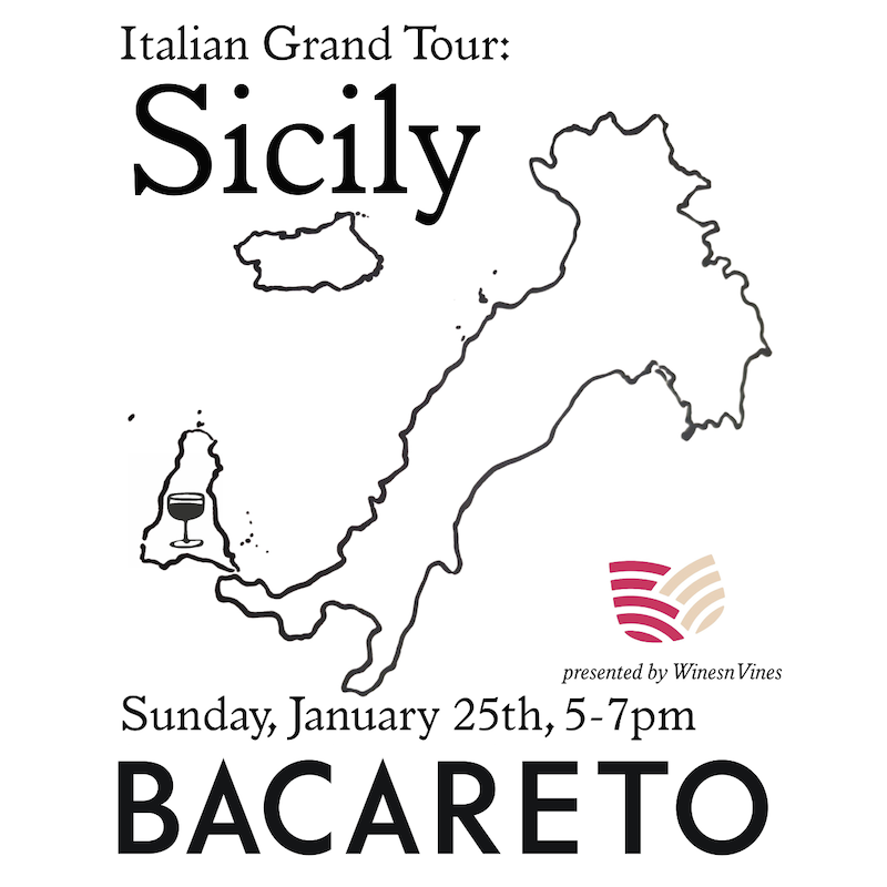 Italian Wine Grand Tour Sicily wine tasting event poster with map of Sicily, Bacareto venue and event details, presented by WinesnVines.