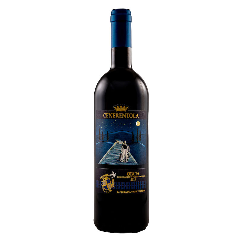 A bottle of Orcia DOC Cenerentola 2016 wine with a rich, elegant label.
