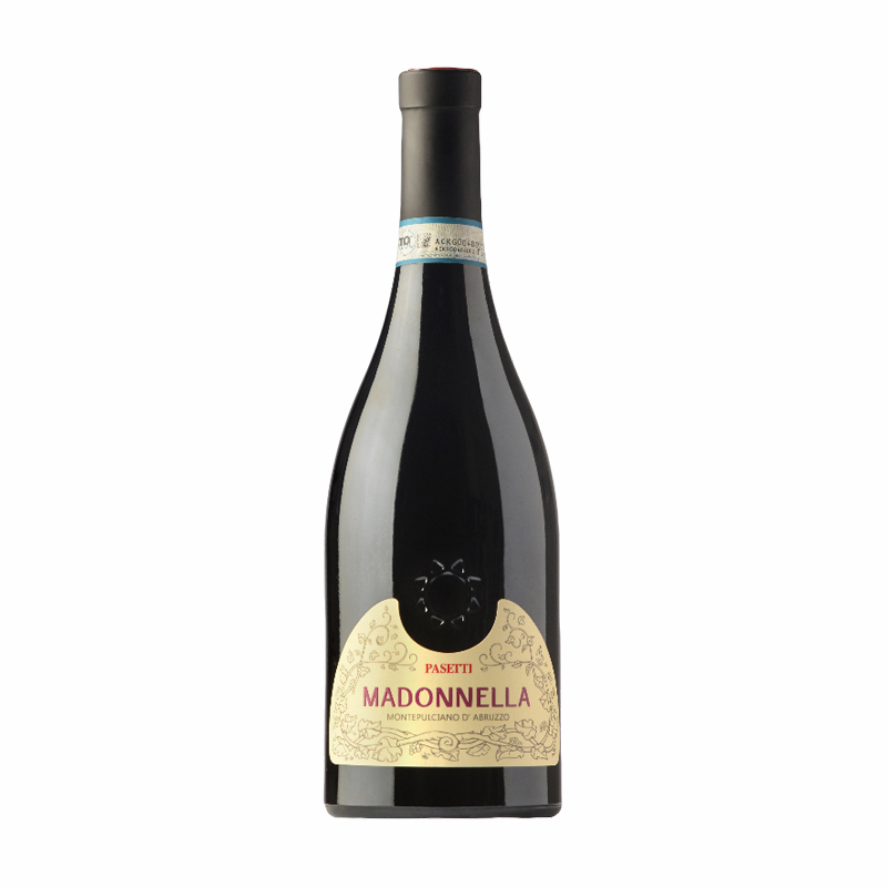 Italian Red Wine. Montepulciano d'Abruzzo Madonnella bottle by Pasetti.
