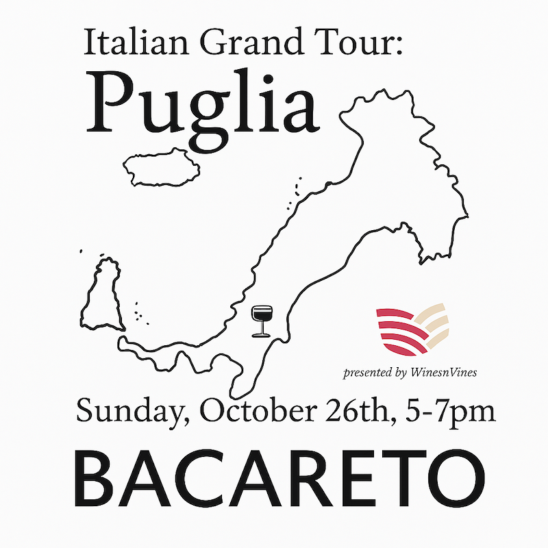 Poster for Italian Wine Grand Tour: Puglia event in Cardiff at Bacareto, 26 October, with wine glass icon on Italy map.