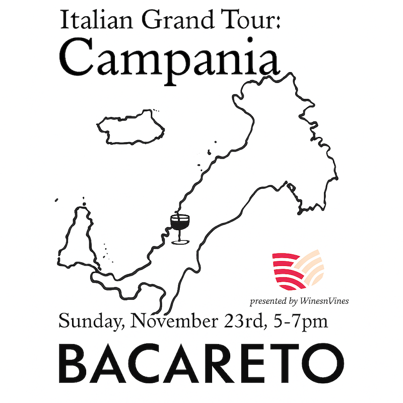 Italian Wine Grand Tour: Campania event poster featuring Italy map and Bacareto location, presented by WinesnVines.